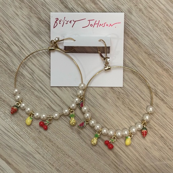 Betsey Johnson Jewelry - Betsey Johnson Gold Hoop Earrings with Pearls and Fruit Charms